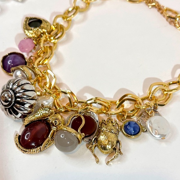 ZARA Double Gold Link Eclectic Burgundy & Blue Charm Necklace | NWOT - Picture 6 of 6